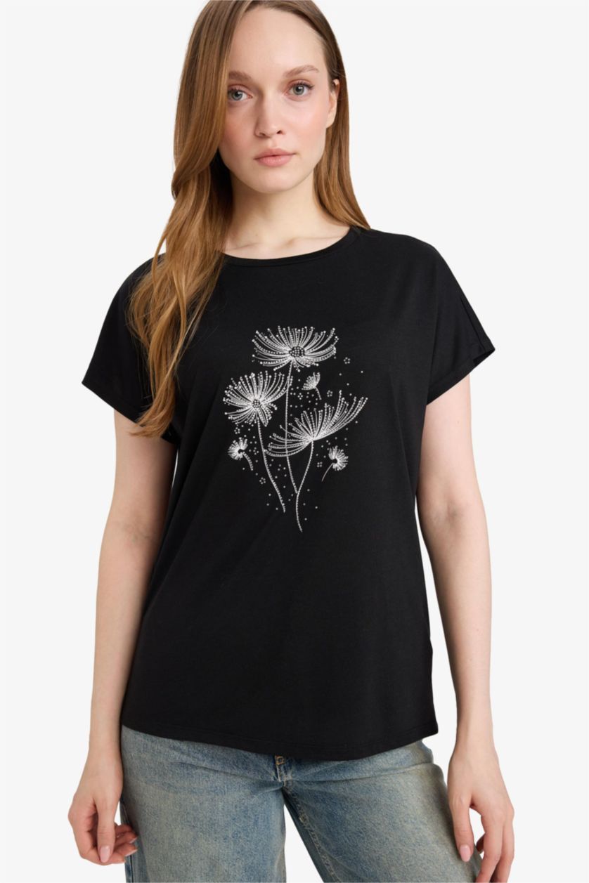 Әйелдерге қара Дөңгелек жағалы тас басылған қысқа жеңді футболка