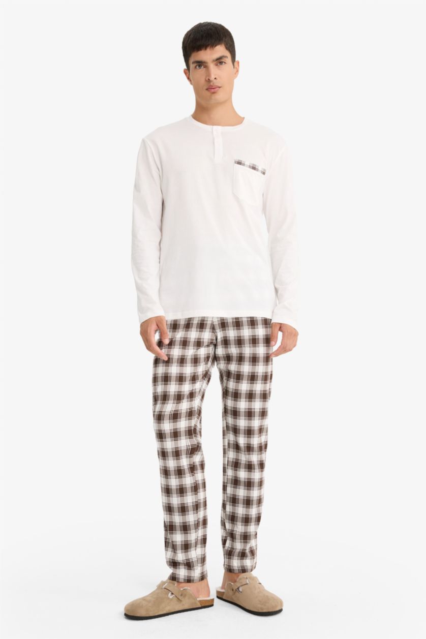 رجالي بيج فاتح طقم بيجاما كاروهات قصة عادية كم طويل - قطعتين