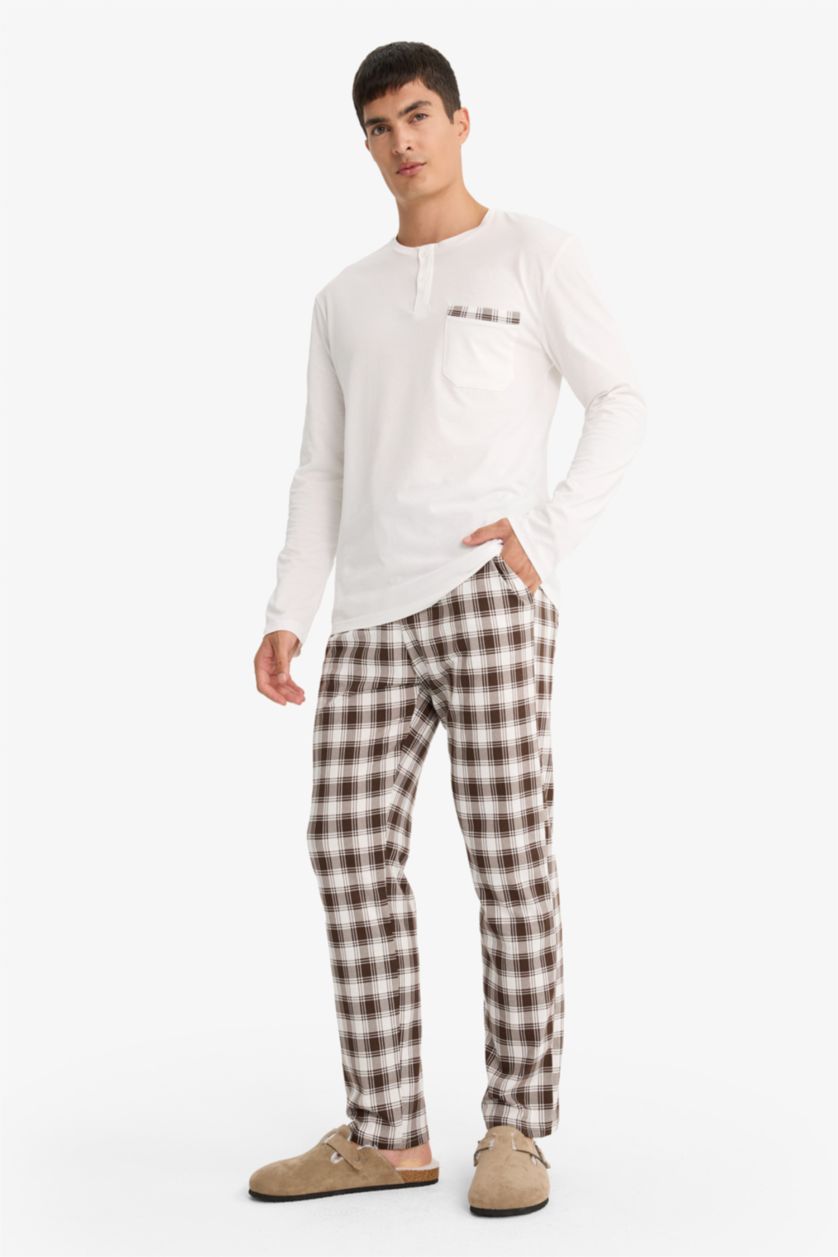 رجالي بيج فاتح طقم بيجاما كاروهات قصة عادية كم طويل - قطعتين