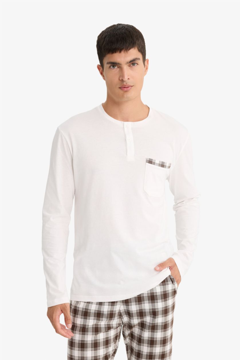 رجالي بيج فاتح طقم بيجاما كاروهات قصة عادية كم طويل - قطعتين