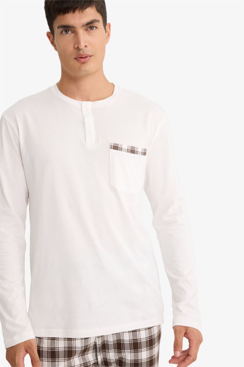 رجالي بيج فاتح طقم بيجاما كاروهات قصة عادية كم طويل - قطعتين