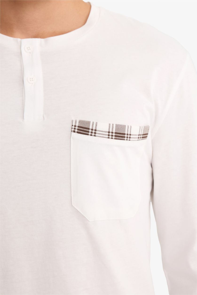 رجالي بيج فاتح طقم بيجاما كاروهات قصة عادية كم طويل - قطعتين