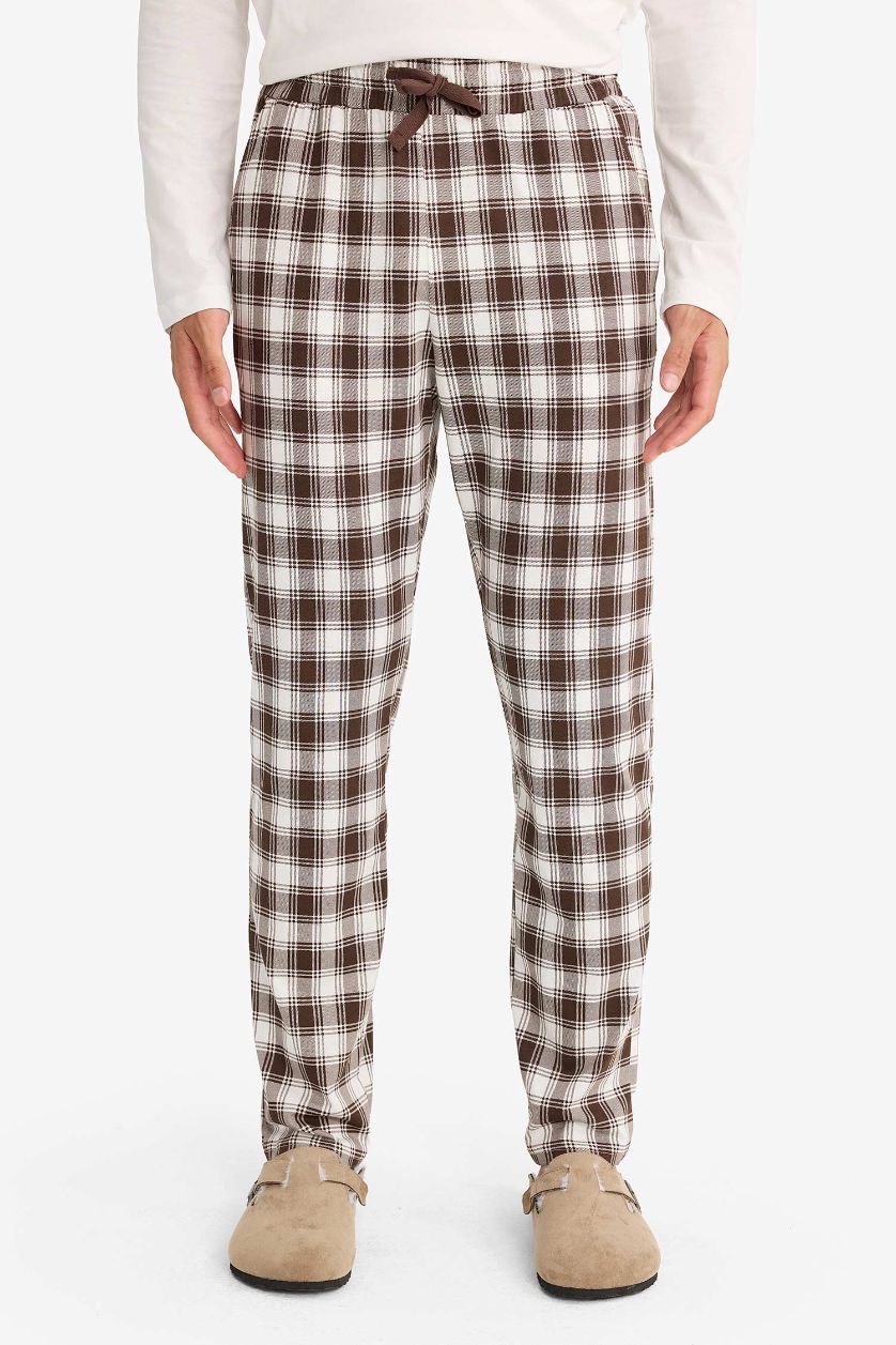 رجالي بيج فاتح طقم بيجاما كاروهات قصة عادية كم طويل - قطعتين