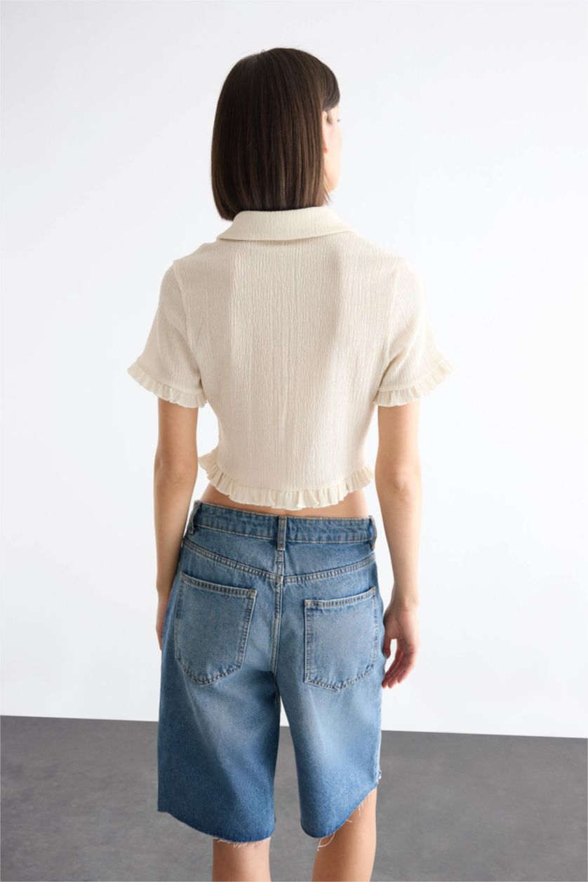 Woman White Polo Collar Short Sleeve Shirt