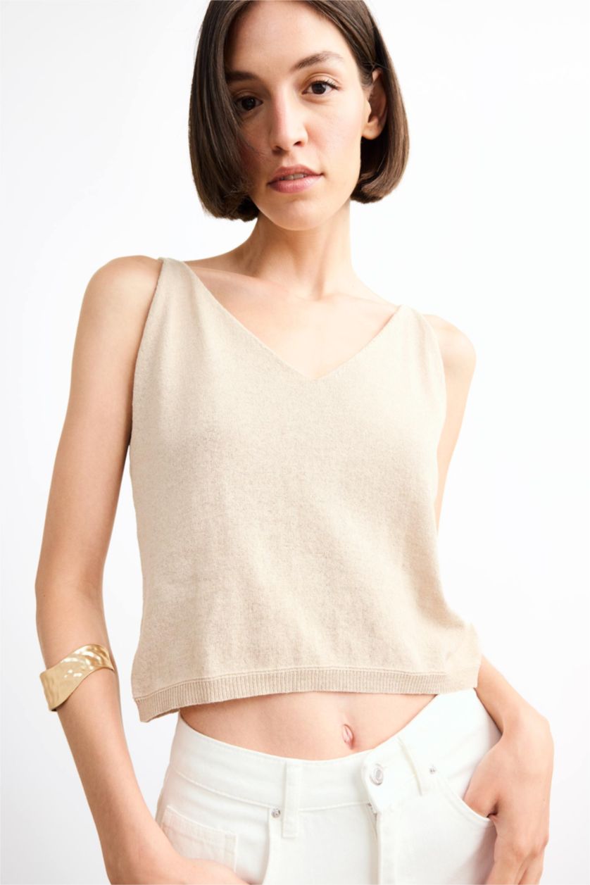 Woman Beige Loose Fit Knitwear Tank Top