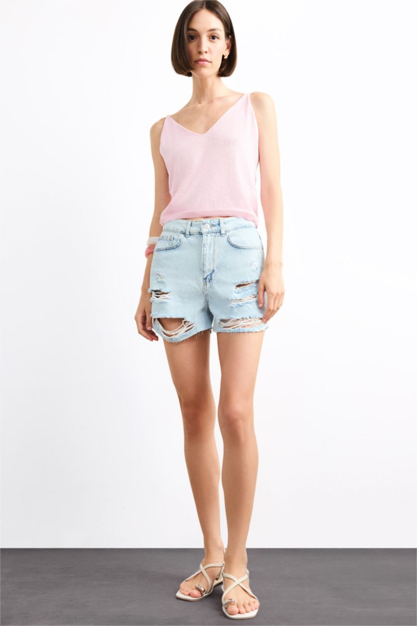 Kadın Pembe V Yaka Crop Askılı Triko Atlet