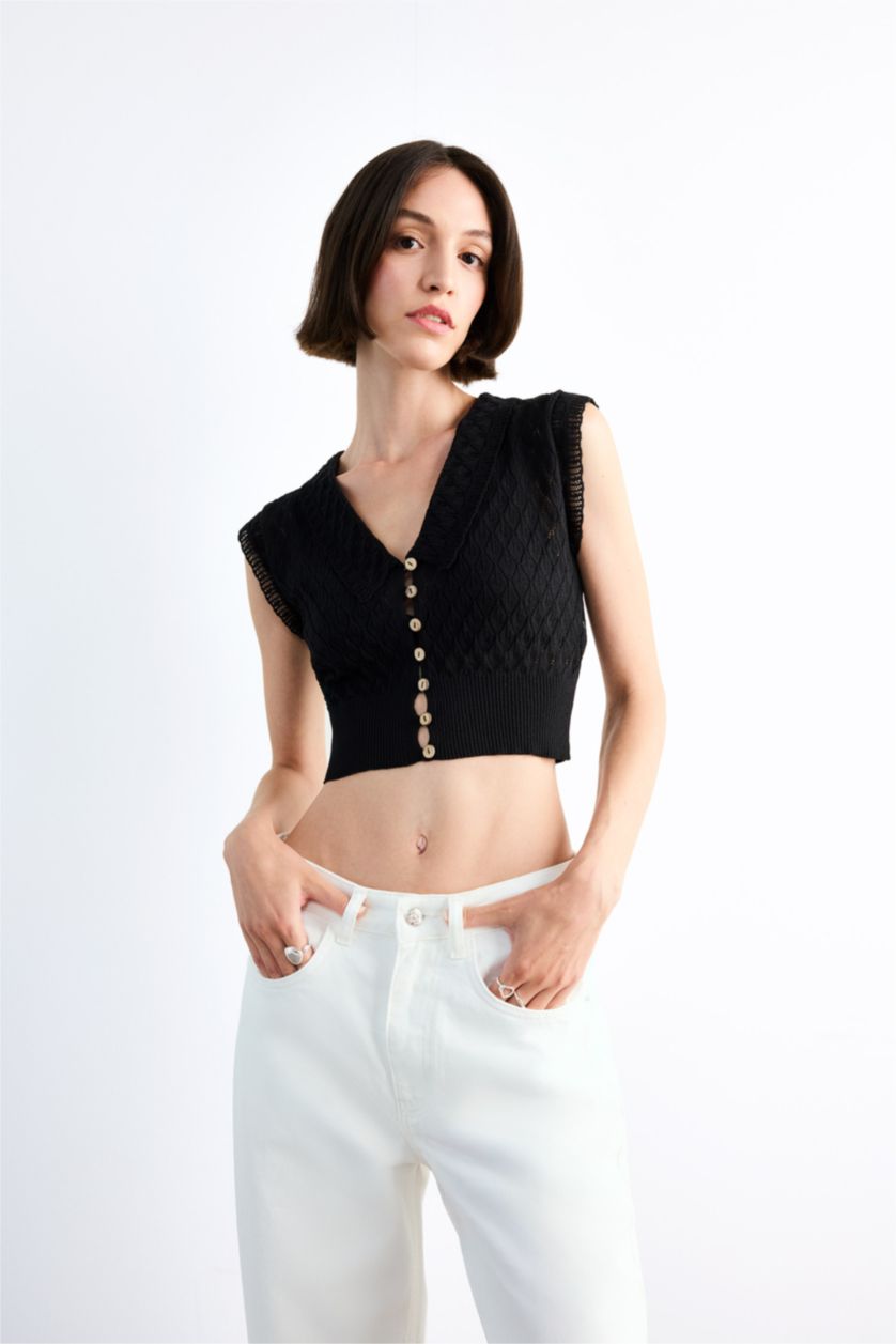 Woman Black Large Collar Buttoned Knit Crop Top