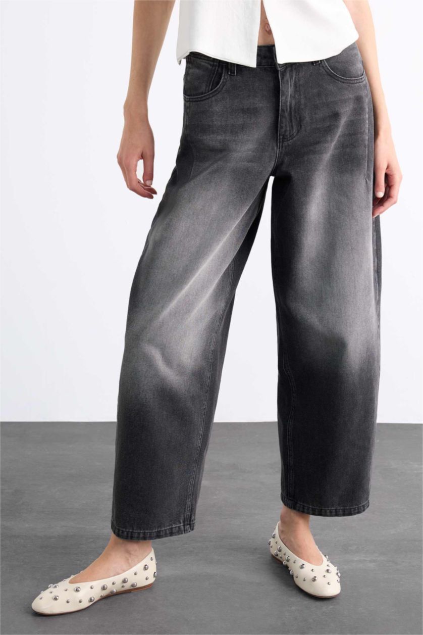 Kadın Gri Wide Baggy Fit Yıkamalı Jean Pantolon