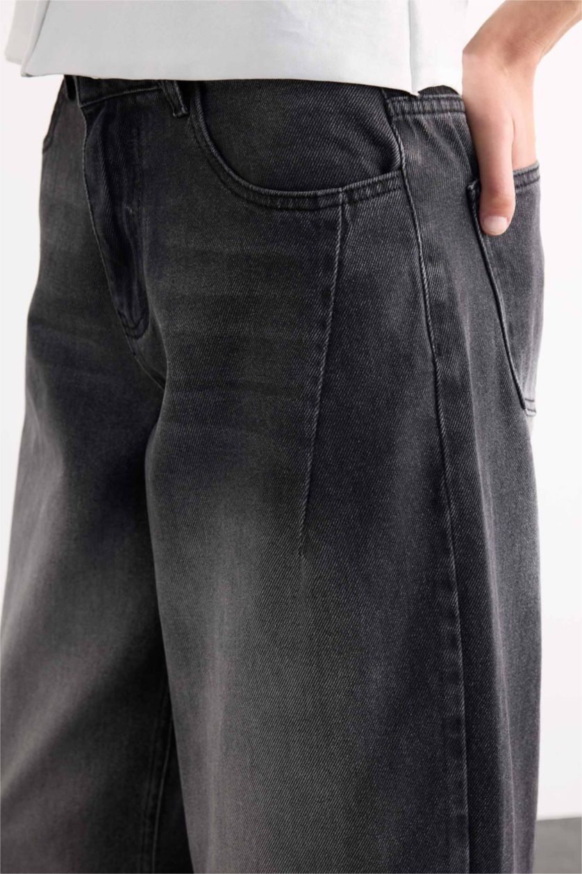 Kadın Gri Wide Baggy Fit Yıkamalı Jean Pantolon