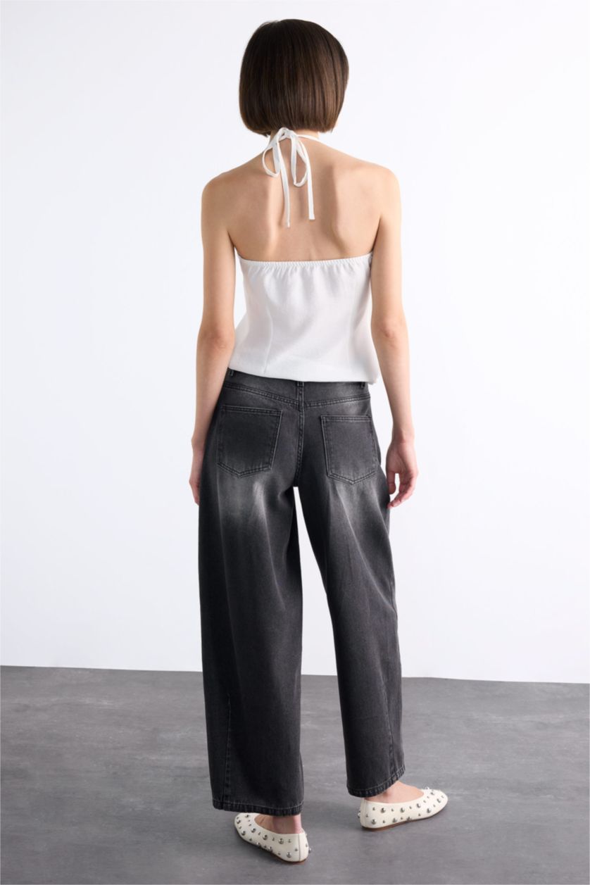 Kadın Gri Wide Baggy Fit Yıkamalı Jean Pantolon