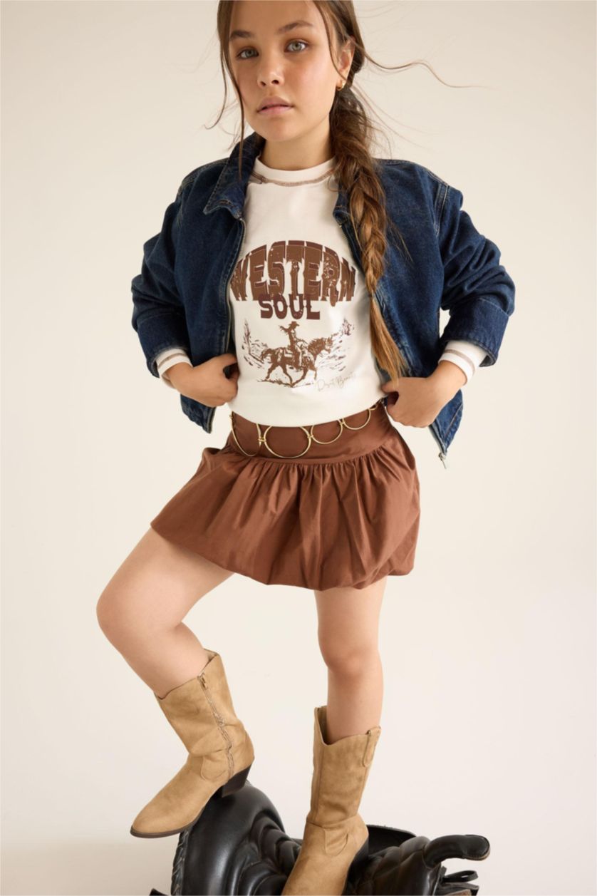 Girls & Teens White Girl Slim Fit Crew Neck Printed Rib T-Shirt