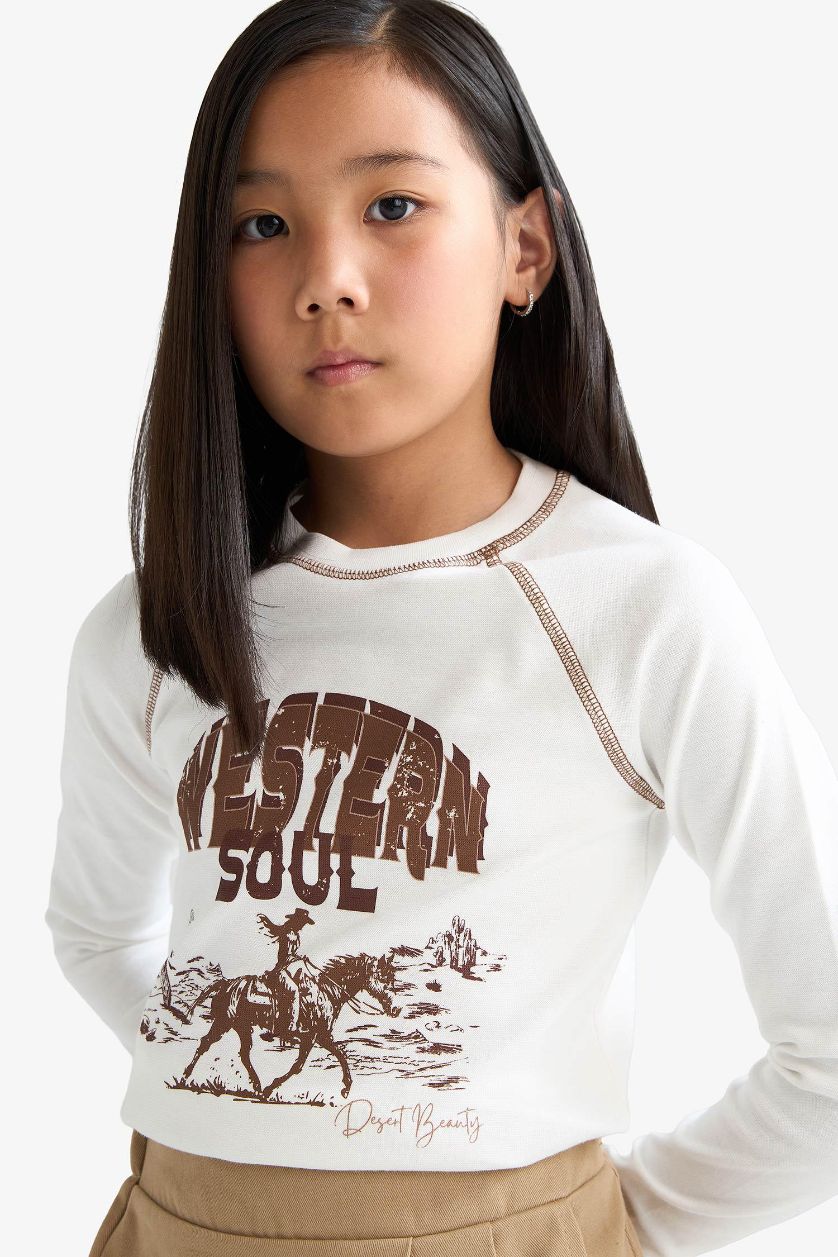 Girls & Teens White Girl Slim Fit Crew Neck Printed Rib T-Shirt