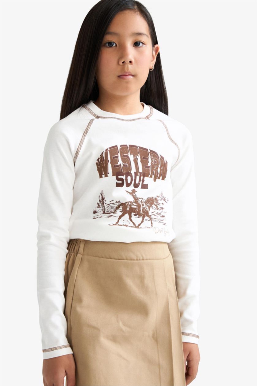 Girls & Teens White Girl Slim Fit Crew Neck Printed Rib T-Shirt