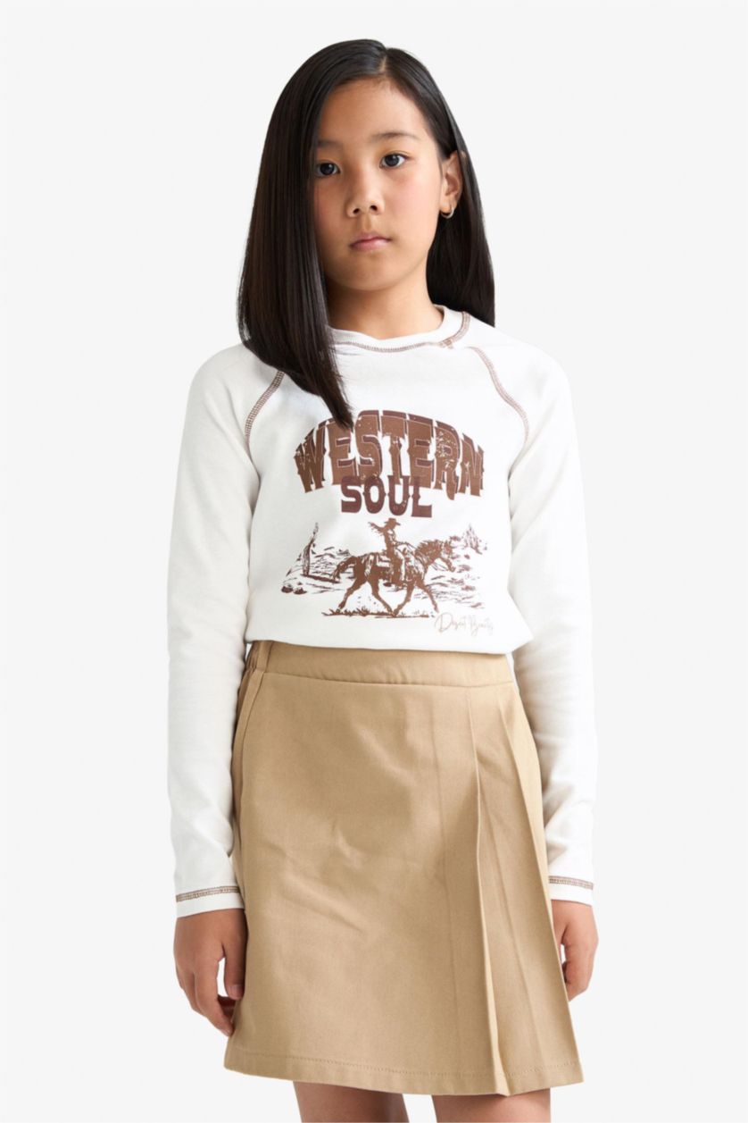 Girls & Teens White Girl Slim Fit Crew Neck Printed Rib T-Shirt