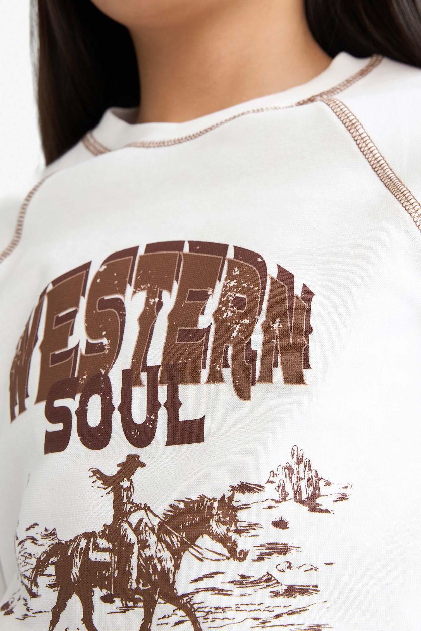 Girls & Teens White Girl Slim Fit Crew Neck Printed Rib T-Shirt