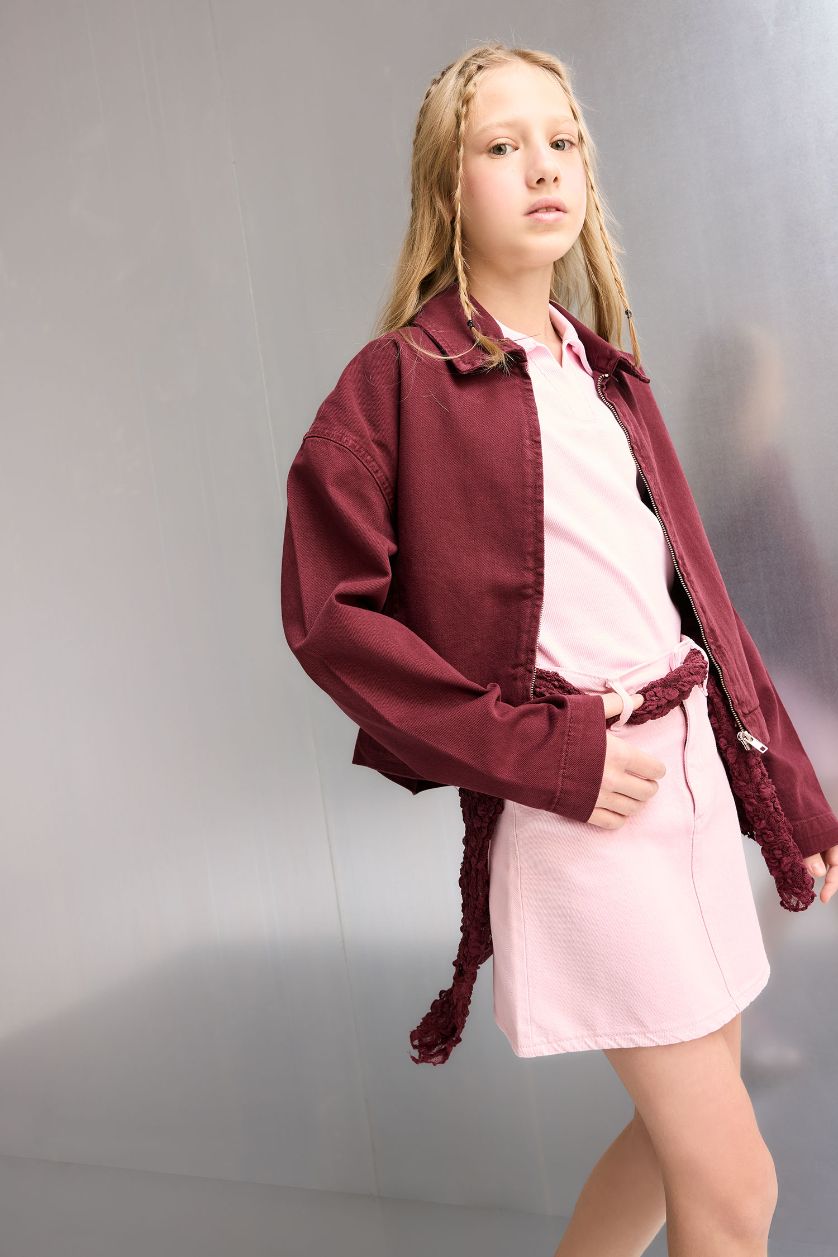 Kız Çocuk - Genç Kız Bordo Okul Gabardin Fermuarlı Crop Ceket Kız Çocuk