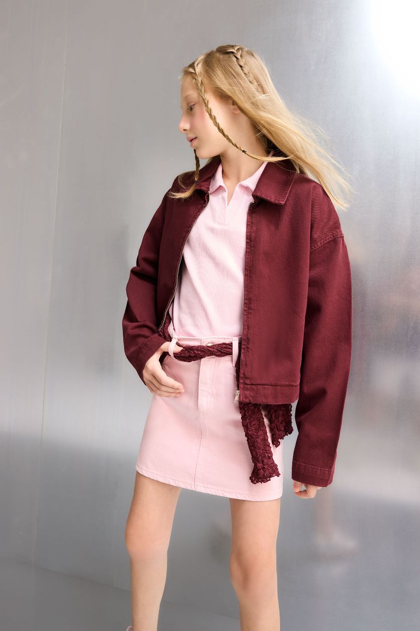 Kız Çocuk - Genç Kız Bordo Okul Gabardin Fermuarlı Crop Ceket Kız Çocuk