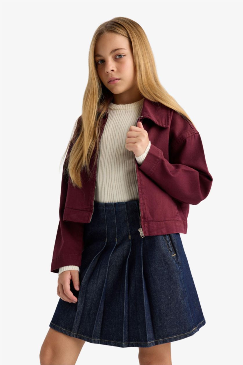 Kız Çocuk - Genç Kız Bordo Okul Gabardin Fermuarlı Crop Ceket Kız Çocuk