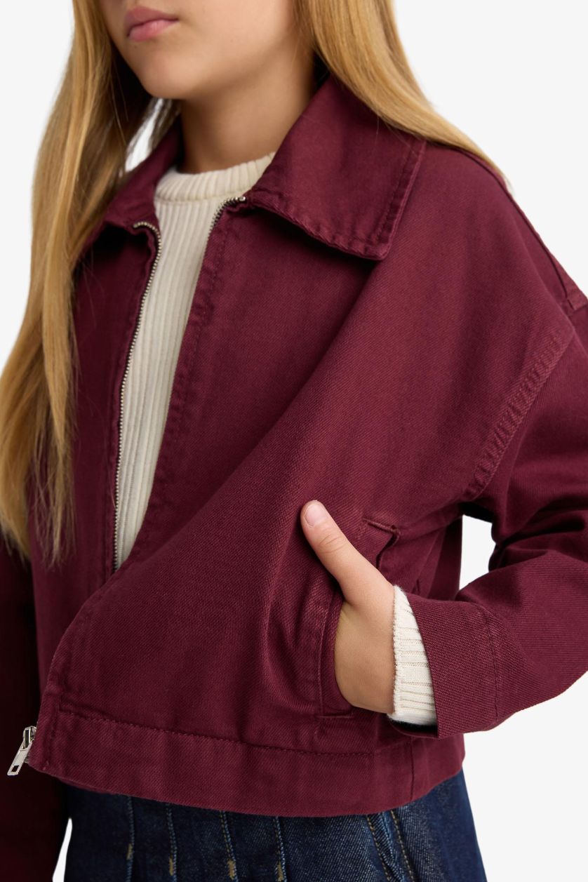 Kız Çocuk - Genç Kız Bordo Okul Gabardin Fermuarlı Crop Ceket Kız Çocuk