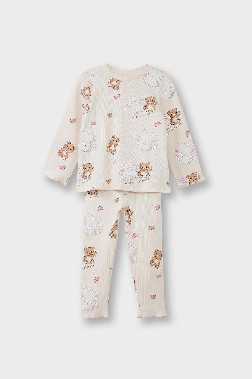 طفلة صغيرة بيج فاتح طقم بيجاما بناتي مضلع قصة عادية بطبعة دب - قطعتين