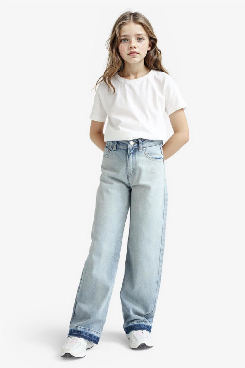 Kız Çocuk - Genç Kız Açık Mavi 90's Wide Leg Geniş Paça Okul Jean Pantolon Kız Çocuk