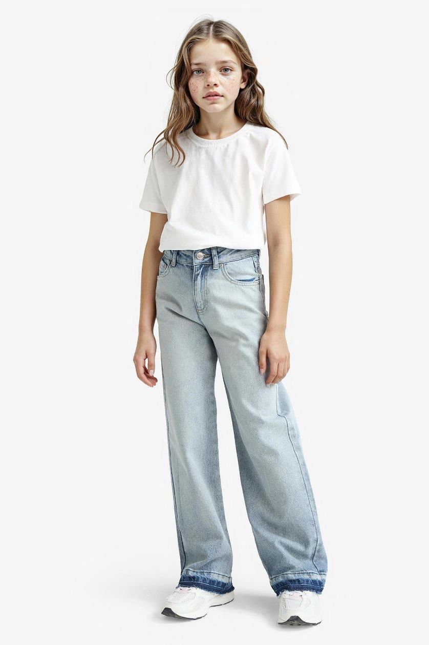 Kız Çocuk - Genç Kız Açık Mavi 90's Wide Leg Geniş Paça Okul Jean Pantolon Kız Çocuk