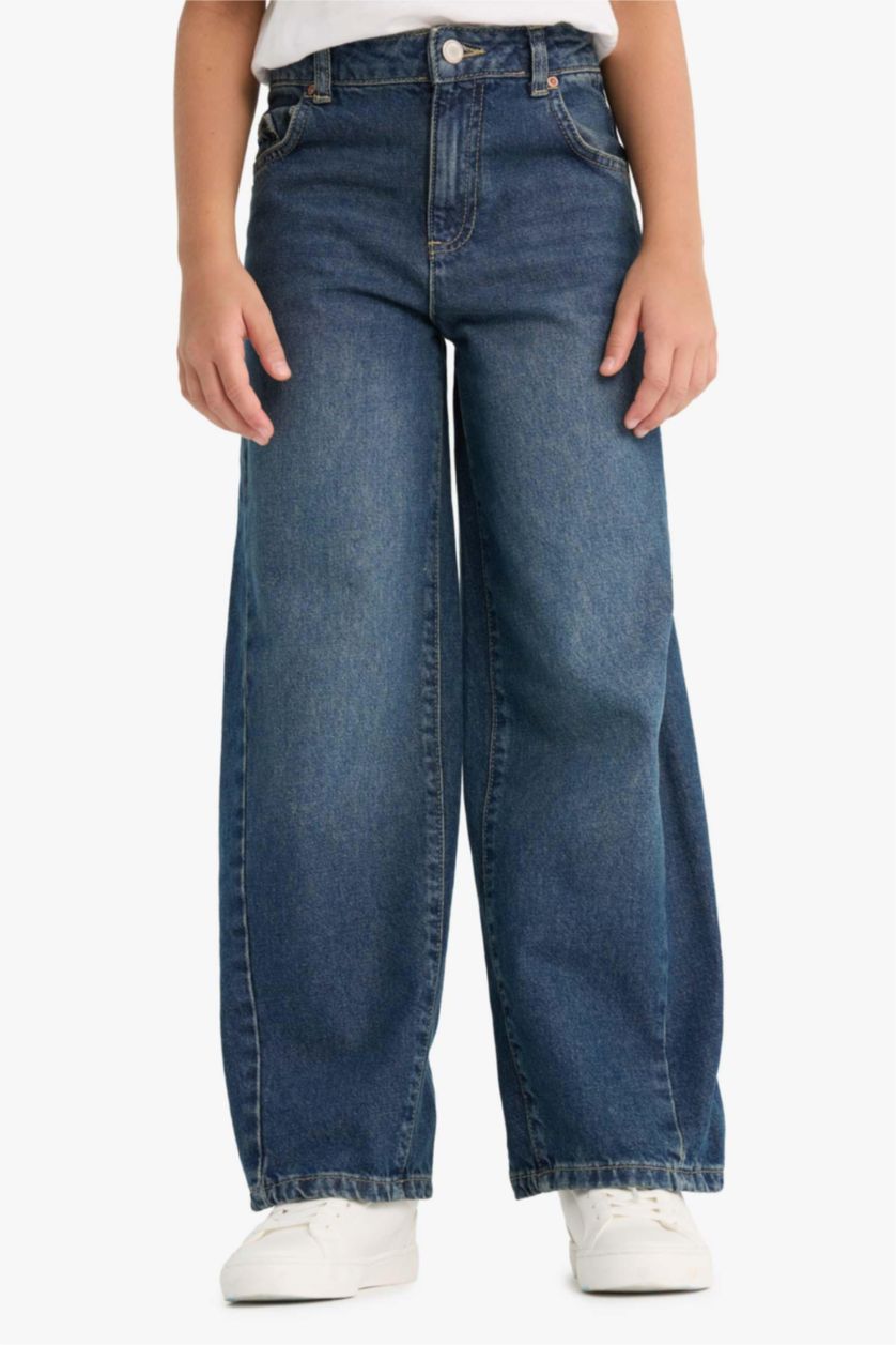 Kız Çocuk - Genç Kız Koyu Mavi Okul Balloon Fit Geniş Paça Jean Pantolon Kız Çocuk