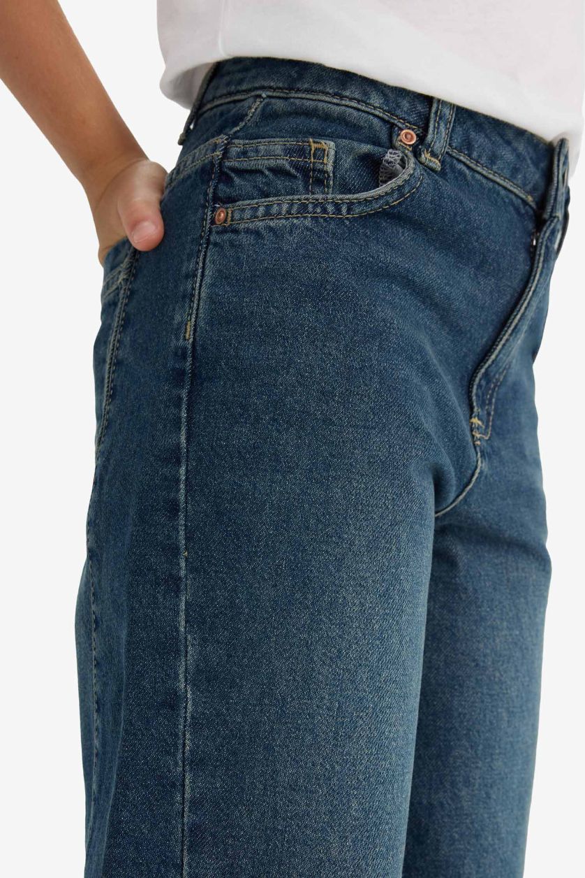 Kız Çocuk - Genç Kız Koyu Mavi Okul Balloon Fit Geniş Paça Jean Pantolon Kız Çocuk