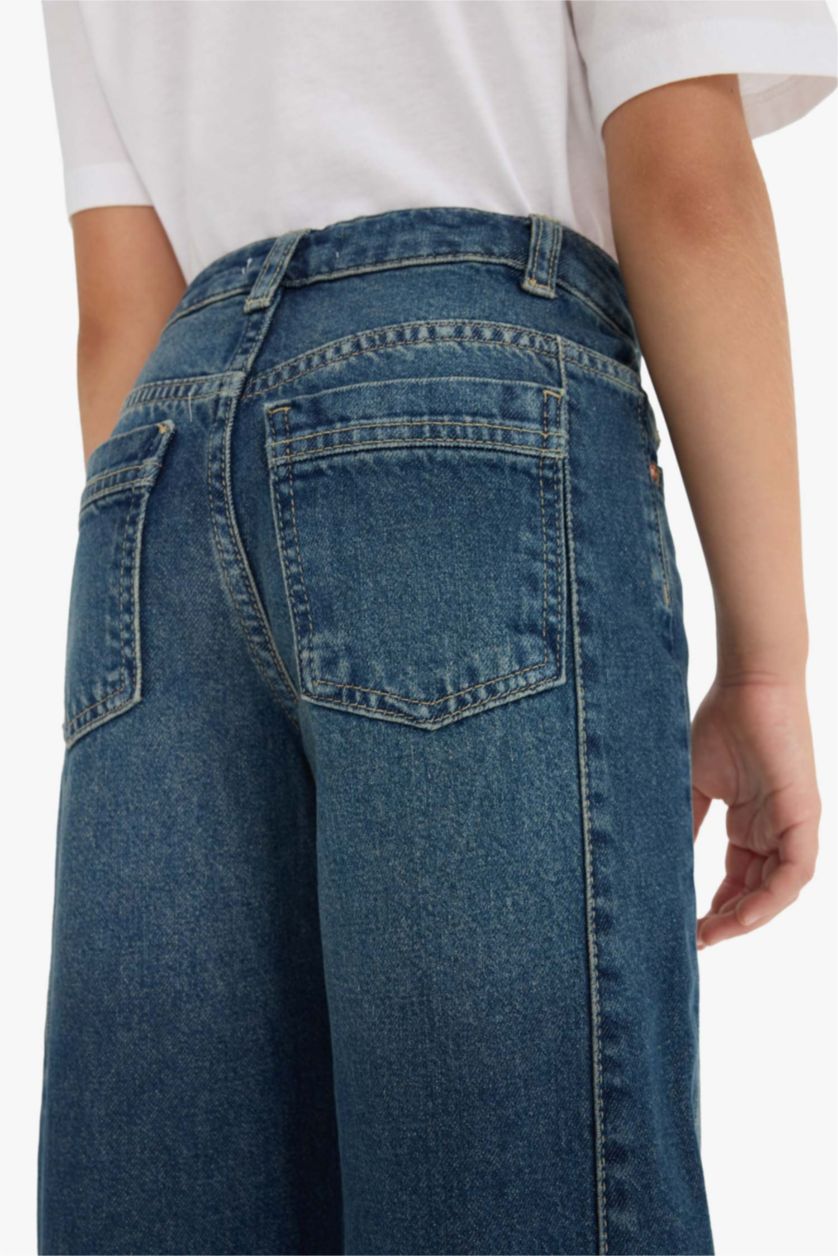 Kız Çocuk - Genç Kız Koyu Mavi Okul Balloon Fit Geniş Paça Jean Pantolon Kız Çocuk