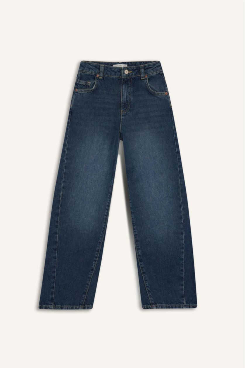 Kız Çocuk - Genç Kız Koyu Mavi Okul Balloon Fit Geniş Paça Jean Pantolon Kız Çocuk