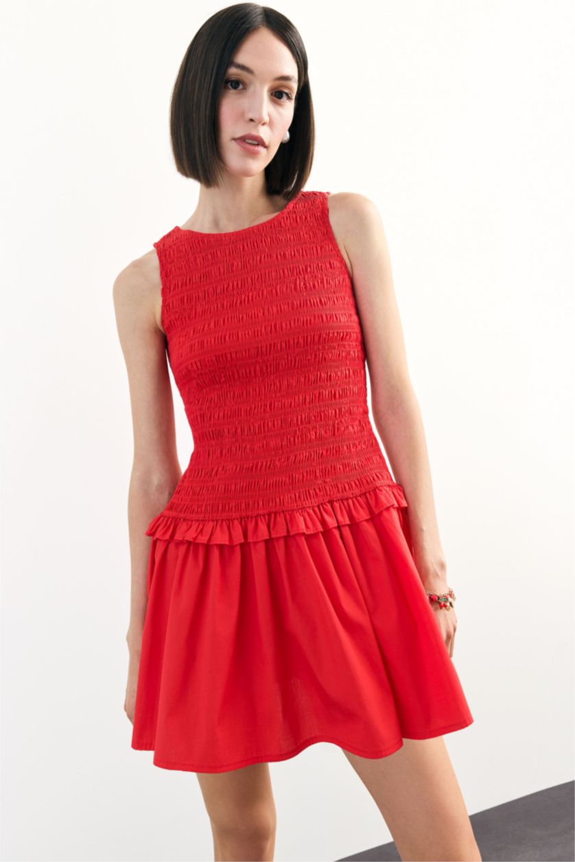 Kadın Kırmızı Yuvarlak Yaka Gipeli Kırmızı Mini Elbise