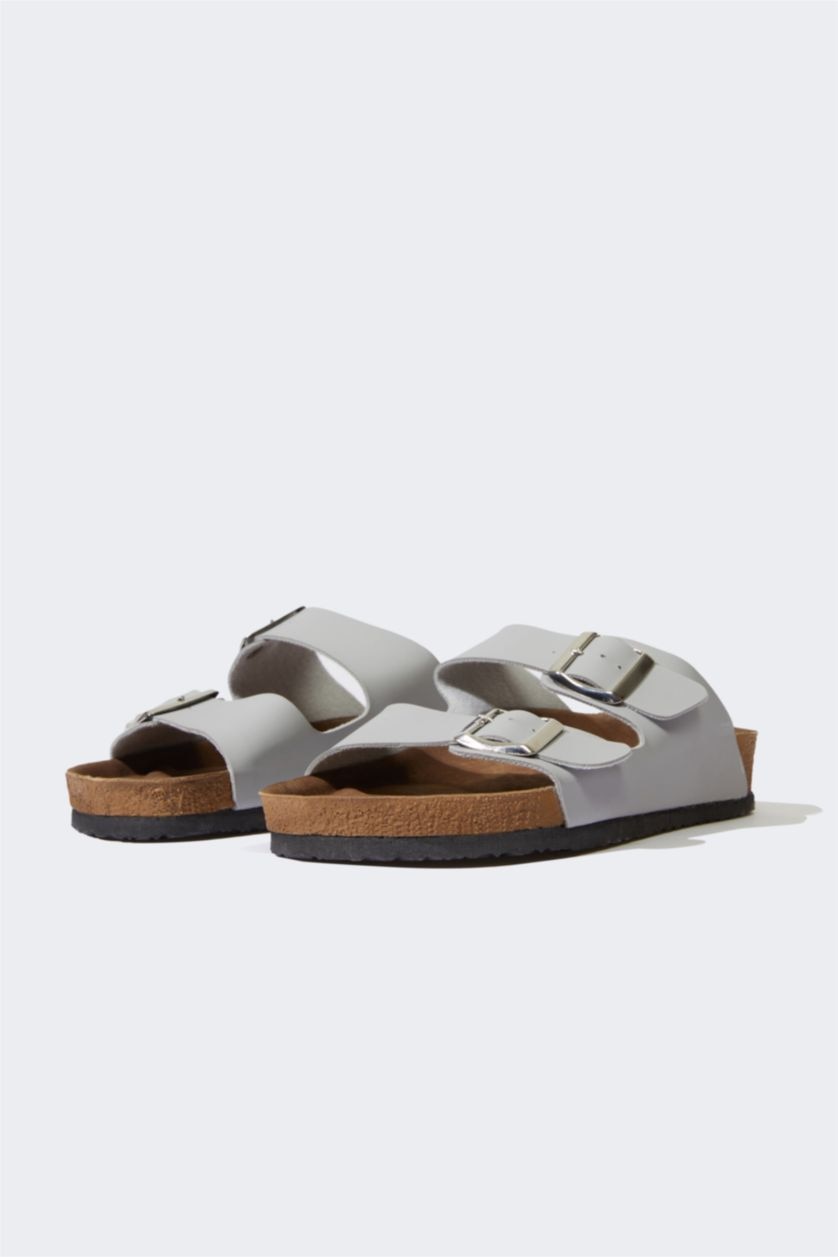 Kadın Açık Gri Kadın Çift Bantlı Düz Taban Terlik