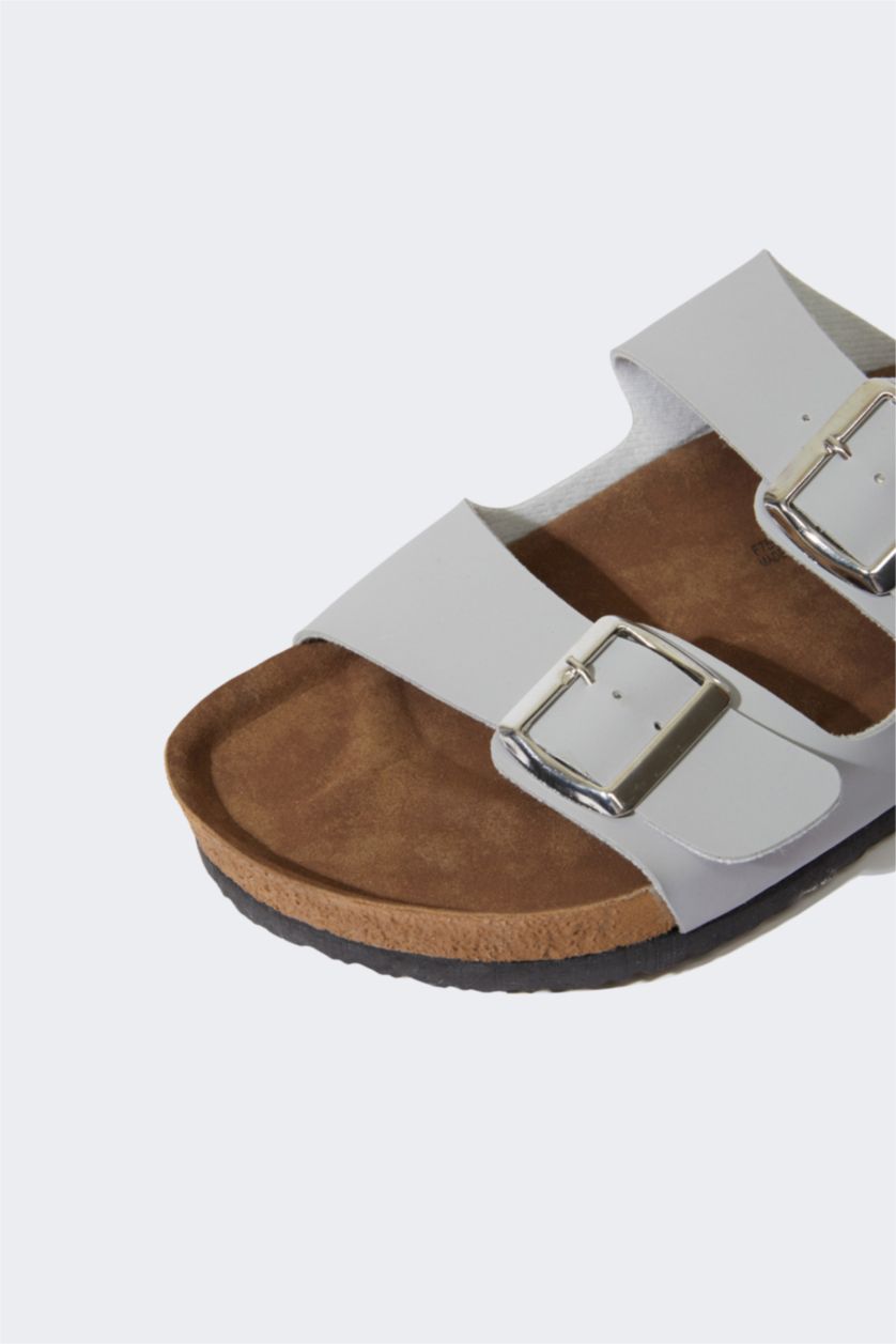 Kadın Açık Gri Kadın Çift Bantlı Düz Taban Terlik