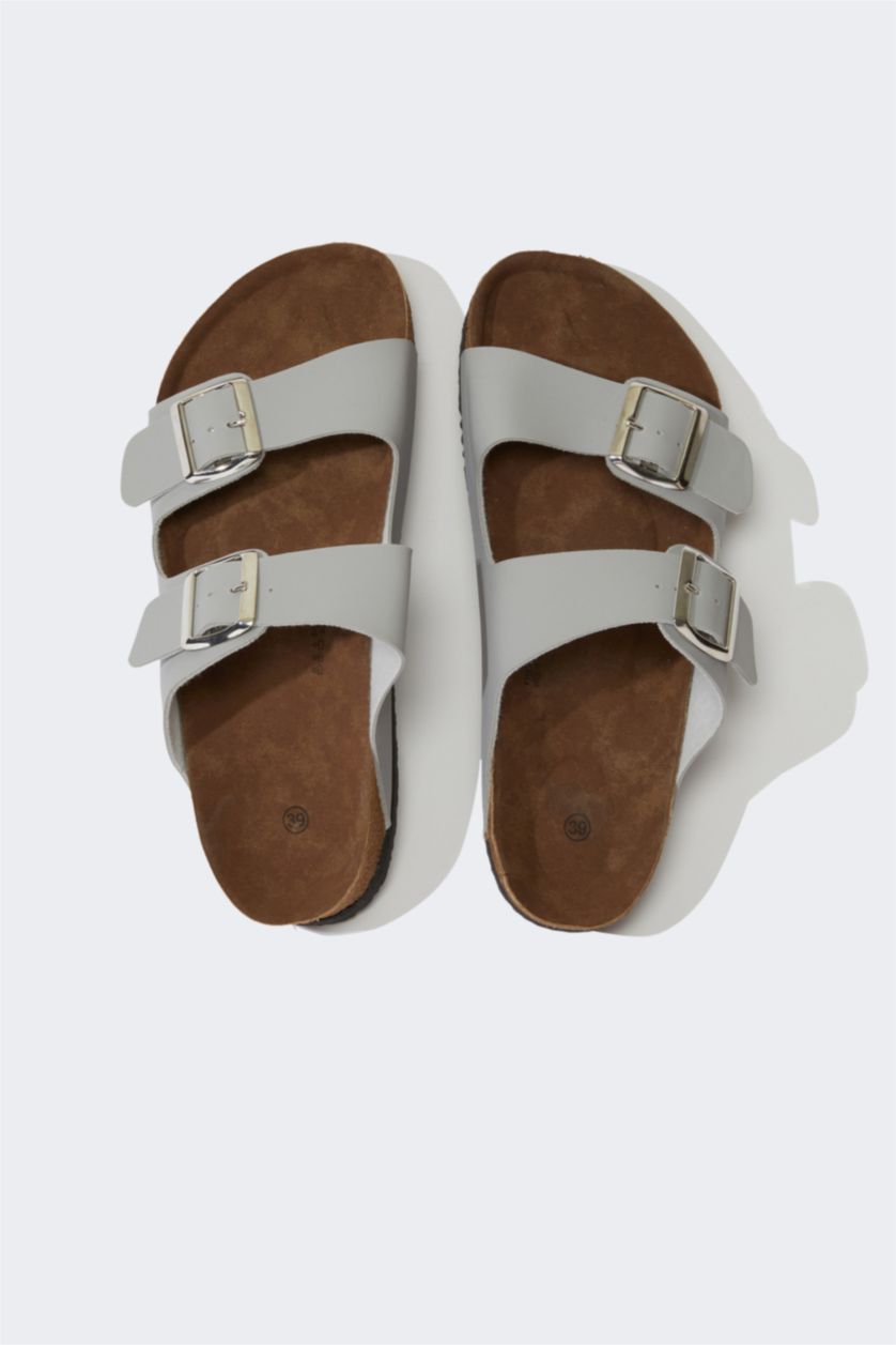 Kadın Açık Gri Kadın Çift Bantlı Düz Taban Terlik