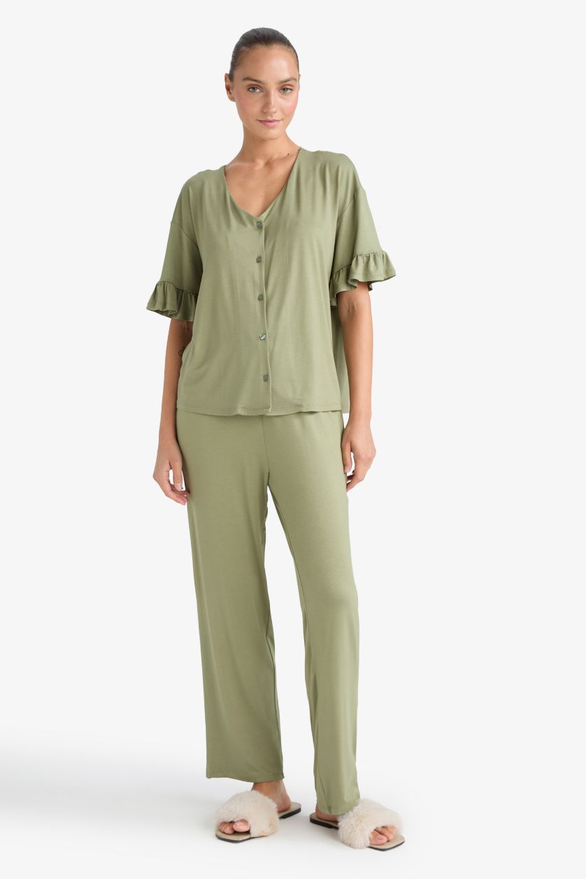 Kadın Haki Pijama Takımı Regular Fit Kısa Kollu Üst Uzun Alt