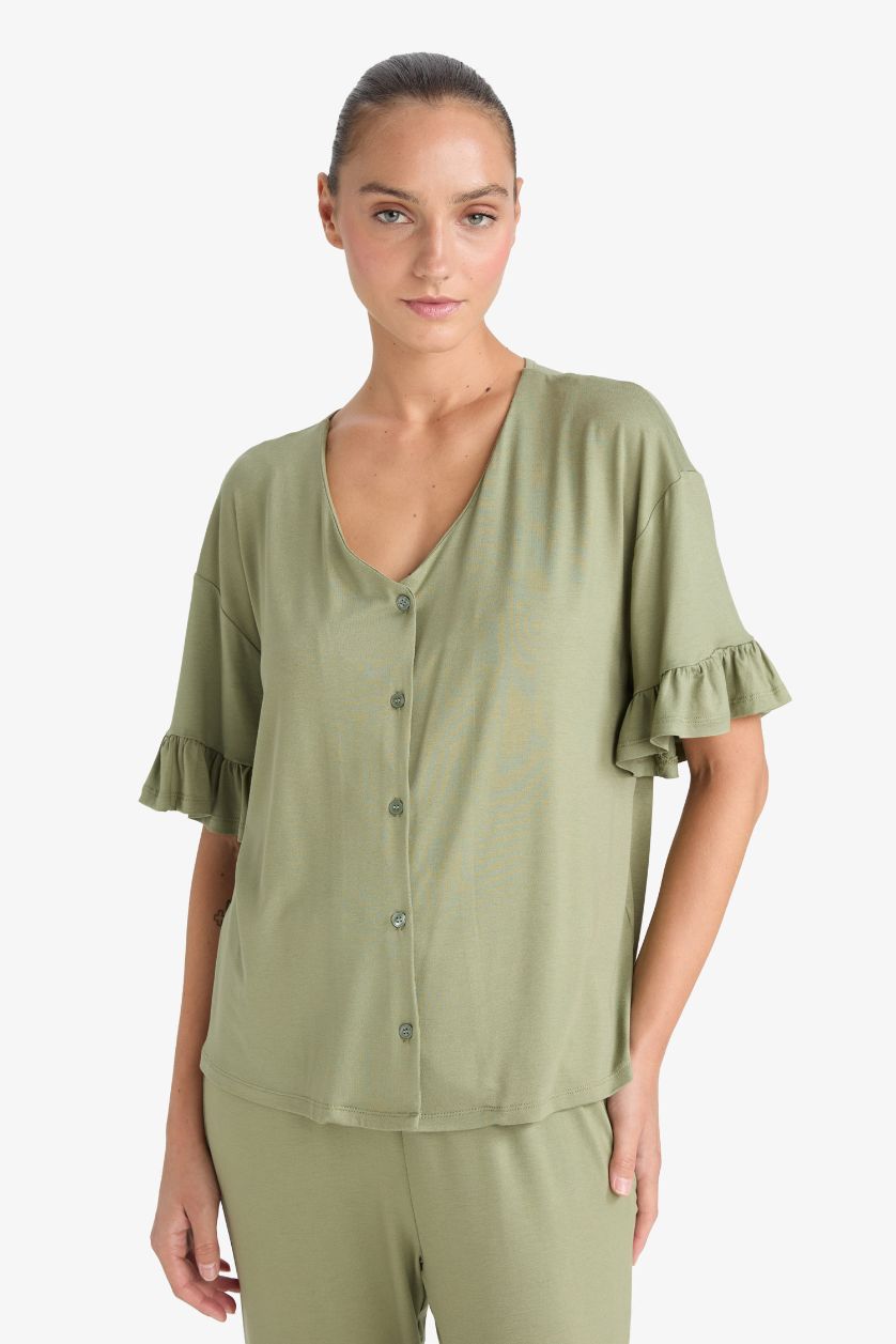 Kadın Haki Pijama Takımı Regular Fit Kısa Kollu Üst Uzun Alt