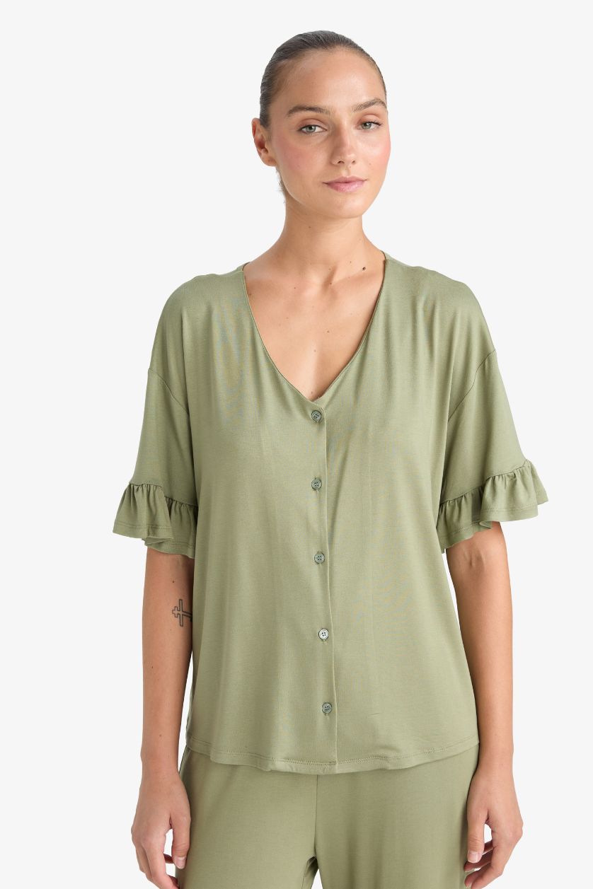 Kadın Haki Pijama Takımı Regular Fit Kısa Kollu Üst Uzun Alt