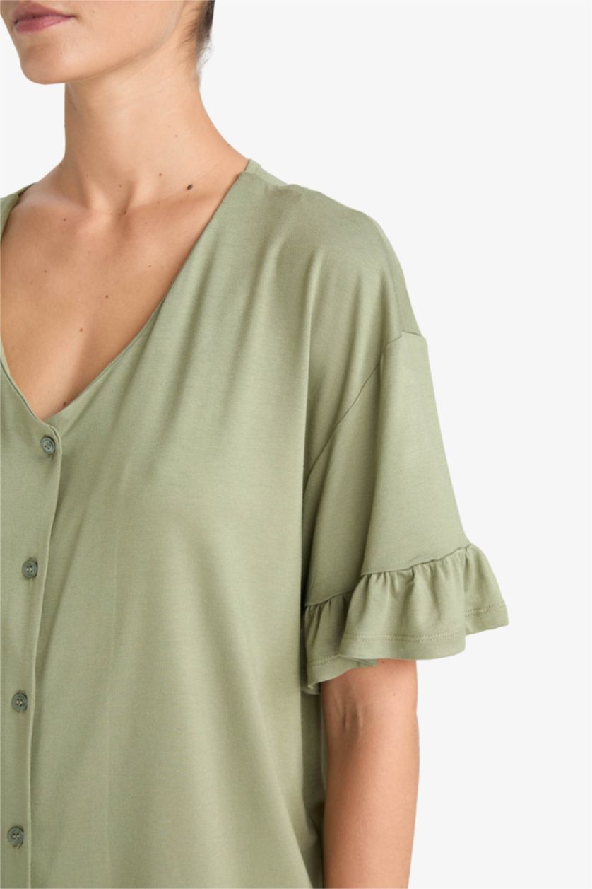 Kadın Haki Pijama Takımı Regular Fit Kısa Kollu Üst Uzun Alt