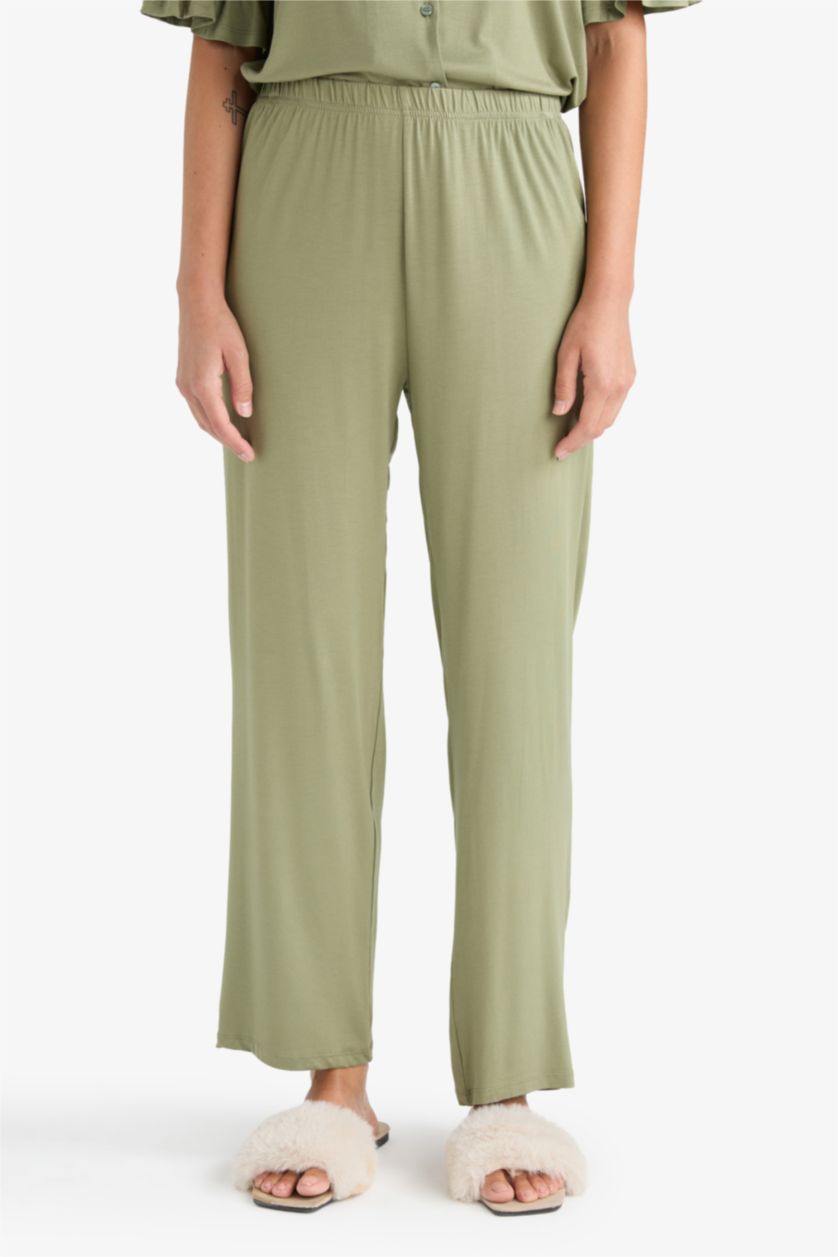 Kadın Haki Pijama Takımı Regular Fit Kısa Kollu Üst Uzun Alt