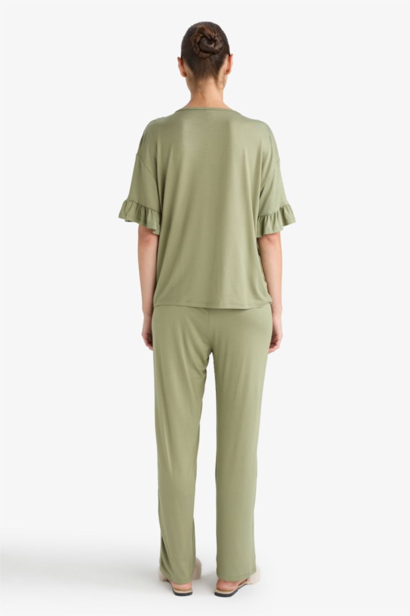 Kadın Haki Pijama Takımı Regular Fit Kısa Kollu Üst Uzun Alt