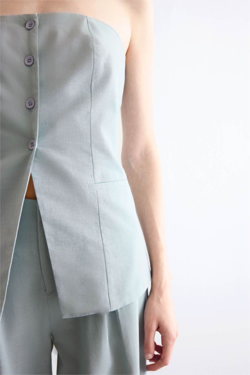 Kadın Deniz Mavisi Straplez Düğmeli Bluz