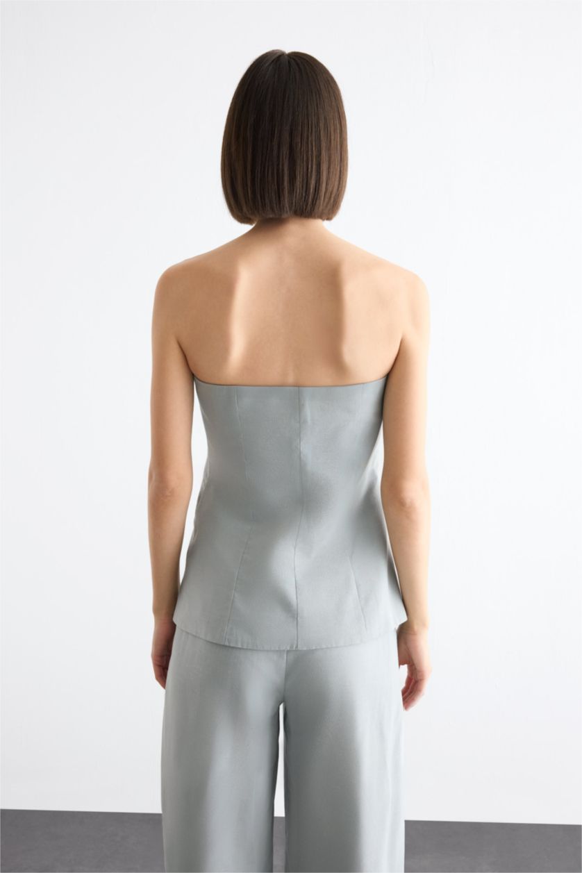 Kadın Deniz Mavisi Straplez Düğmeli Bluz