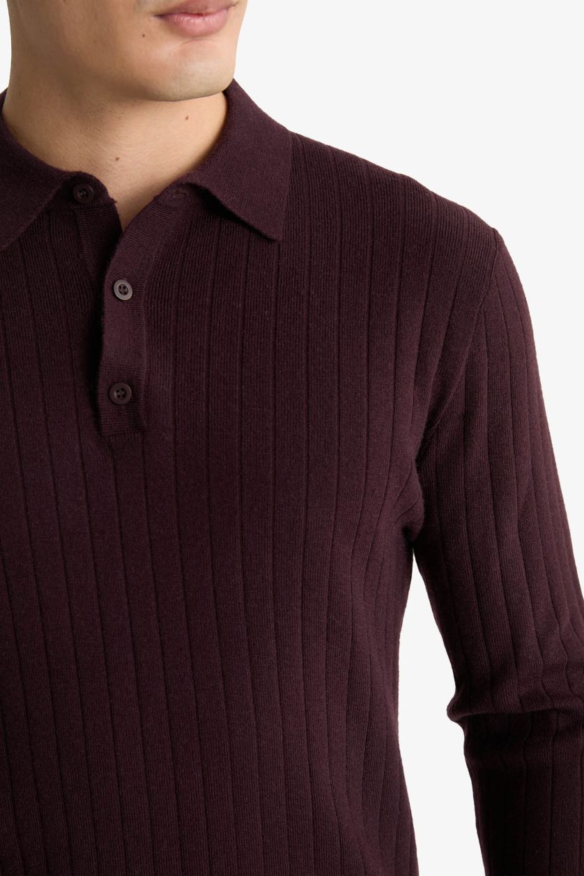 Erkek Bordo Standart Fıt Polo Yaka Triko Kazak