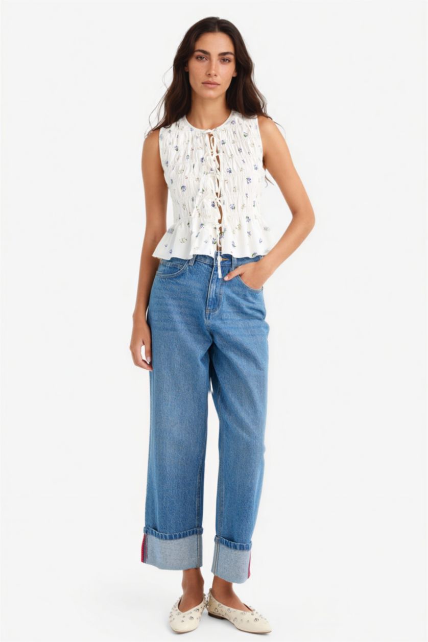 Woman Ecru Fitted Crew Neck Floral Tie Front Poplin Sleeveless Blouse