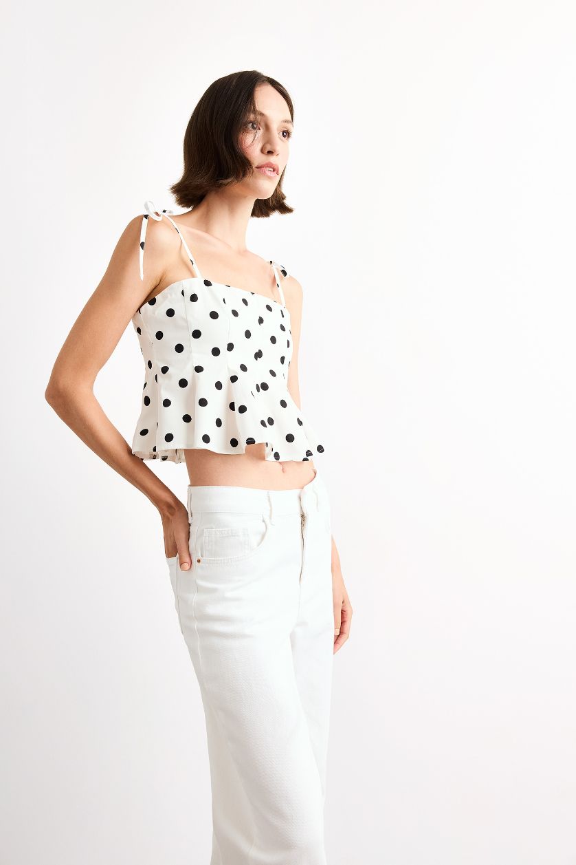 WOMAN Ecru Slim Fit Polka Dot Sleeveless Blouse