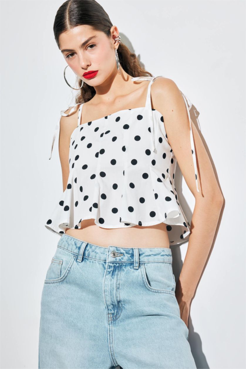 WOMAN Ecru Slim Fit Polka Dot Sleeveless Blouse