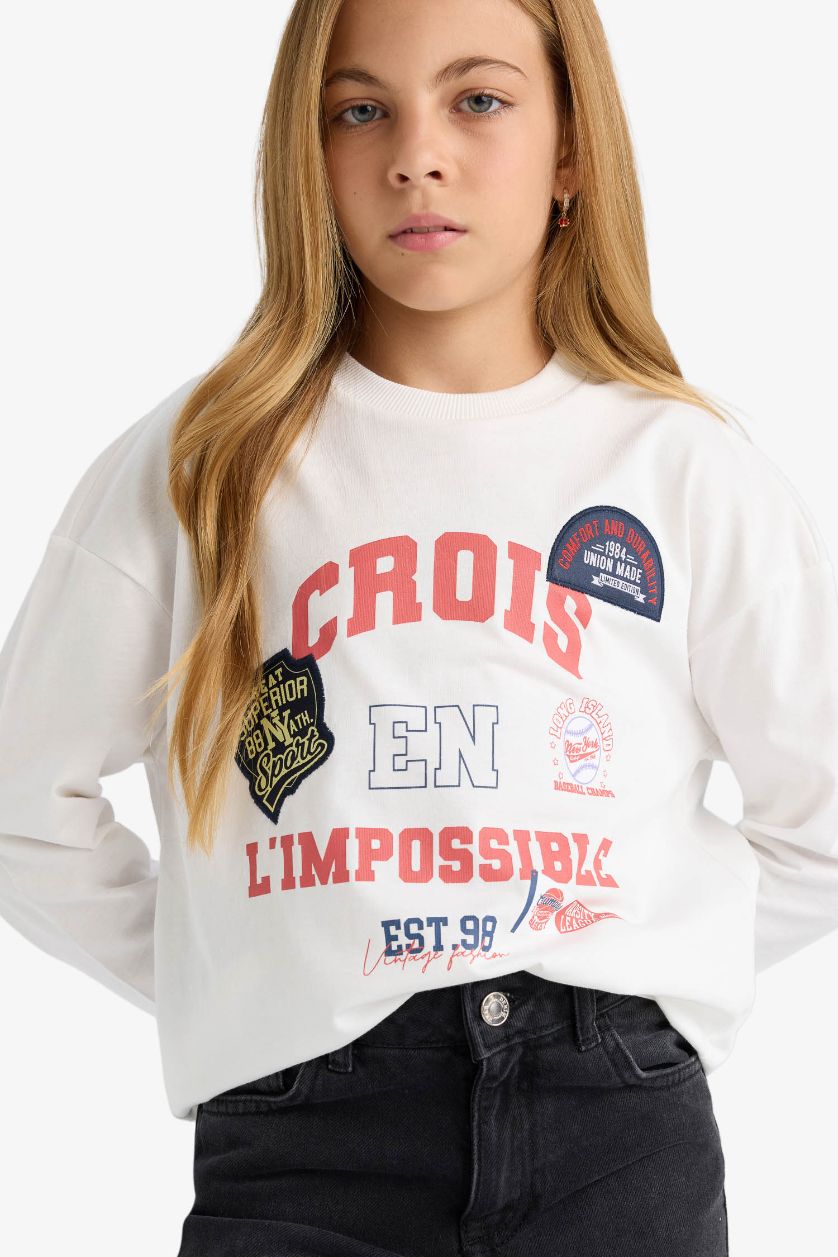 Girls & Teens Ecru Girl Oversize Fit Crew Neck Printed T-Shirt
