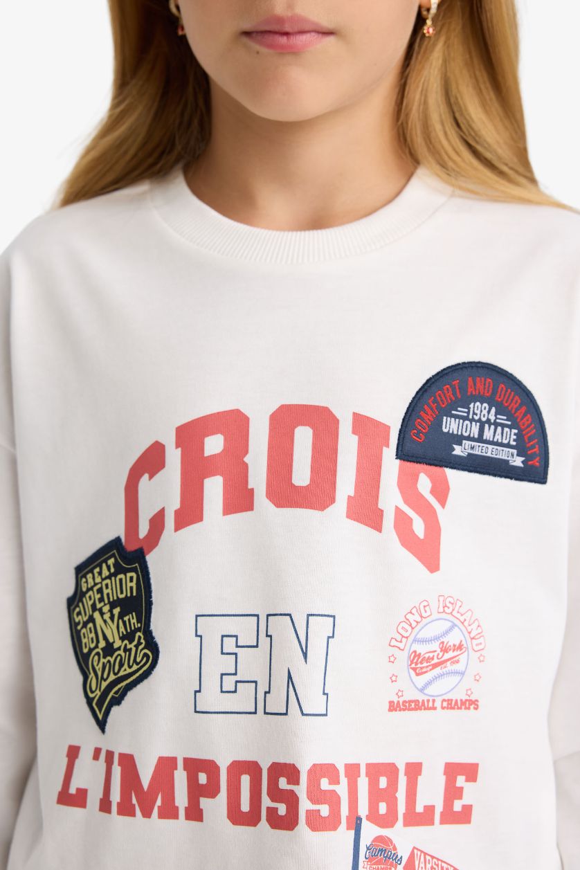 Girls & Teens Ecru Girl Oversize Fit Crew Neck Printed T-Shirt