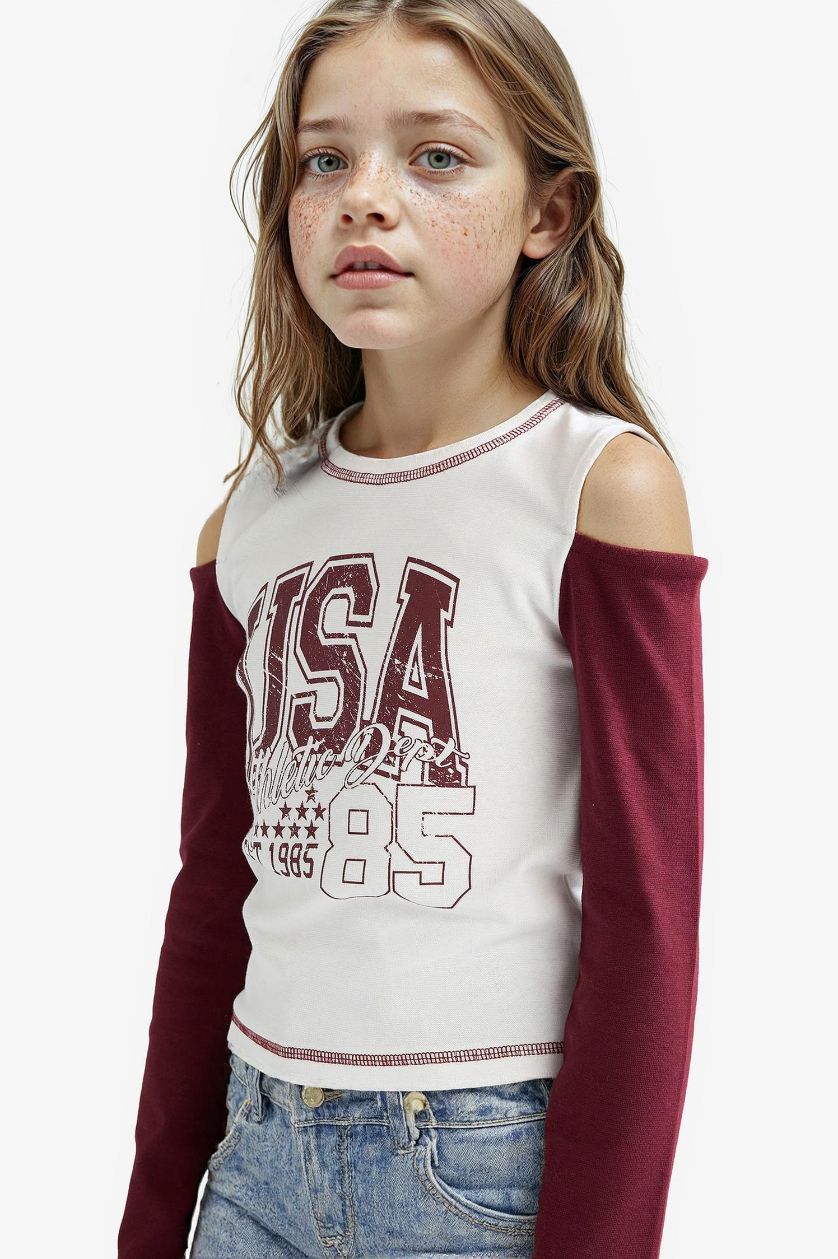 Girls & Teens Ecru Girl Slim Fit Crew Neck Printed Ribbed T-Shirt