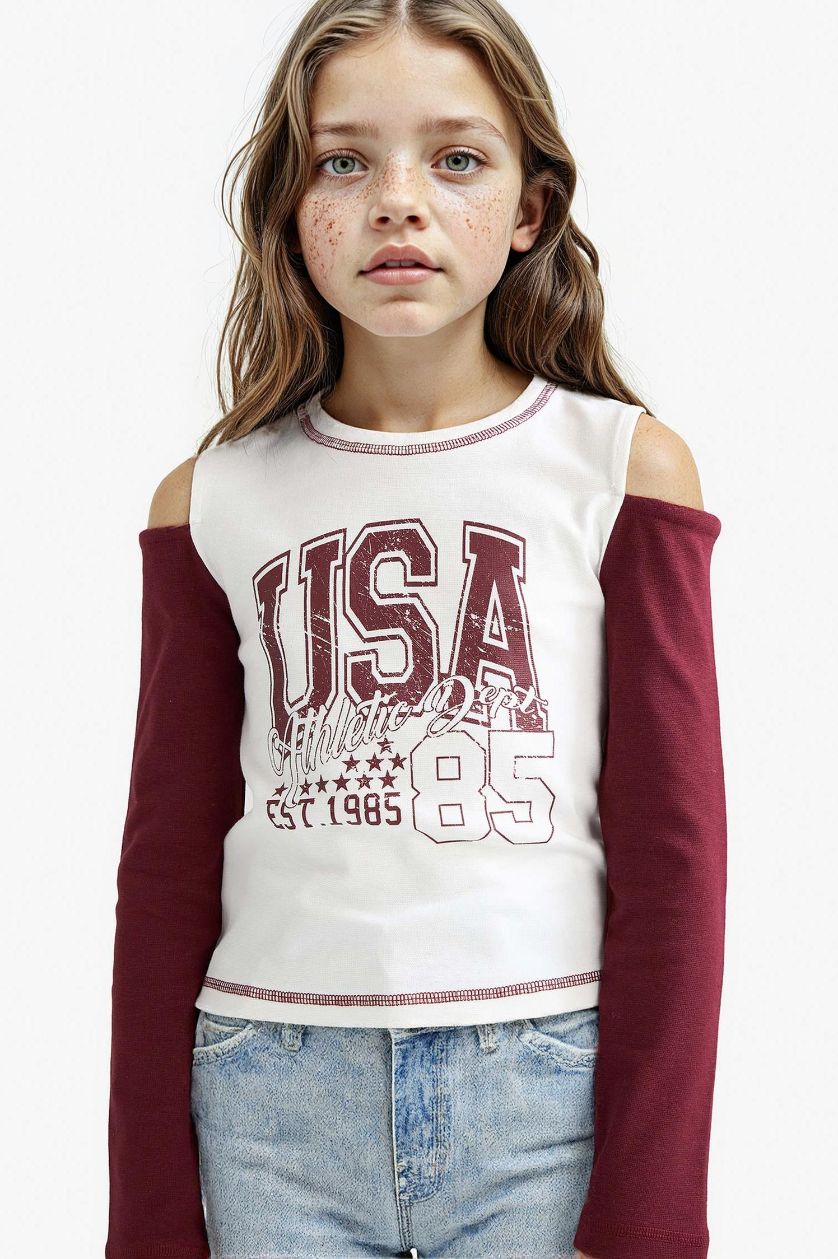 Girls & Teens Ecru Girl Slim Fit Crew Neck Printed Ribbed T-Shirt